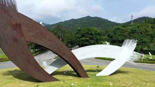 广州从化良口镇设计师村雕塑 航拍视频素材模板下载