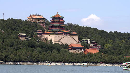 北京颐和园西堤看昆明湖及佛香阁视频素材模板下载