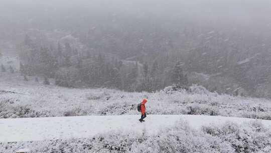 航拍男子走在新疆禾木村的风雪中