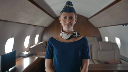 私人飞机舱内空姐的肖像视频素材模板下载