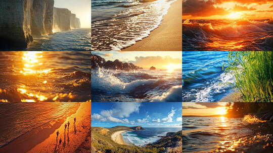 海浪浪花拍打扑向海岸岸边逆光特写