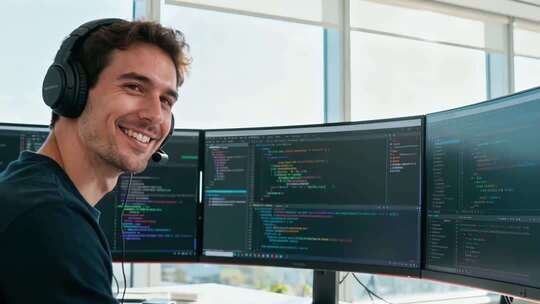 戴耳机男子办公电脑前微笑