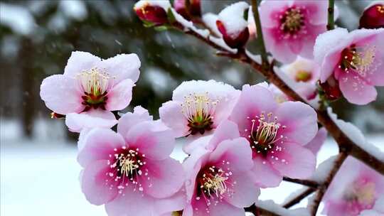 雪中绽放的梅花特写