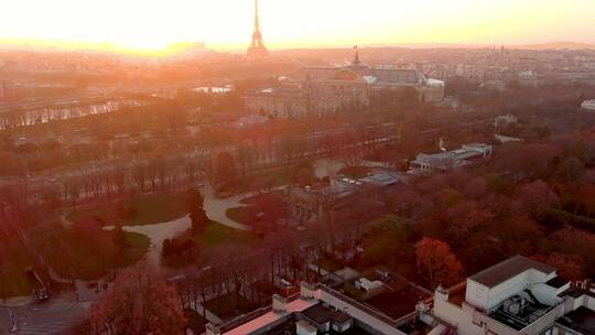 城市航拍巴黎埃菲尔铁塔日出城市天际线