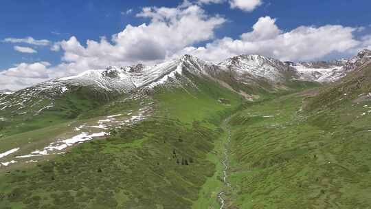 雪顶高山下的广阔草地和潺潺溪流