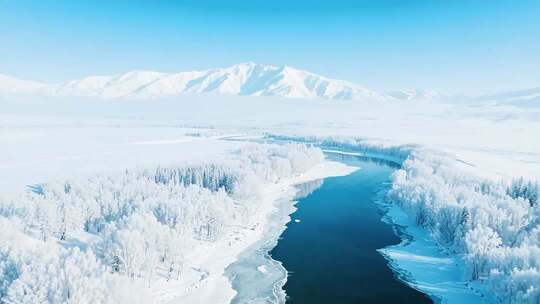 冬日雪山河流森林全景