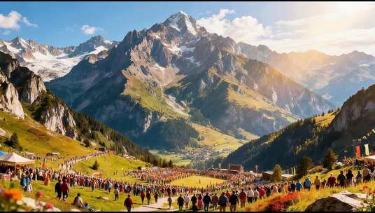 山间草地人群聚集场景