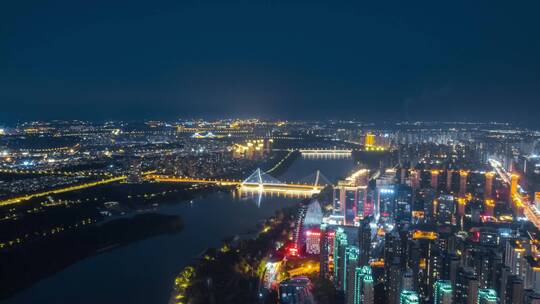 沈阳浑河两岸航拍城市繁华夜景延时