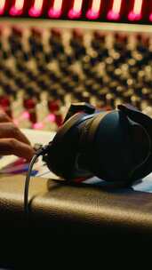垂直视频非裔美国音响工程师使用耳机听录音