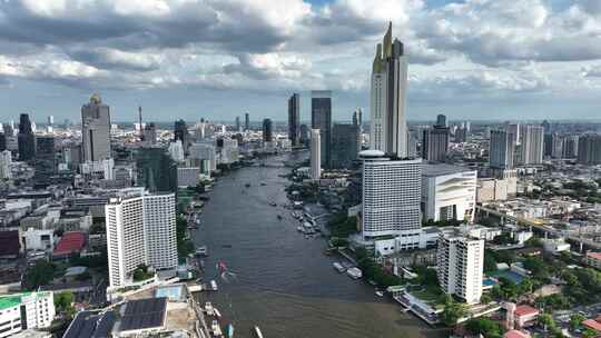 泰国航拍曼谷湄南河城市高楼天际线风光视频素材模板下载