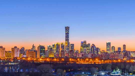 冬季北京国贸城市天际线日转夜延时