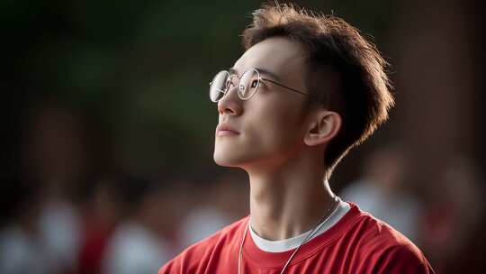 青年眺望远方眼神充满希望