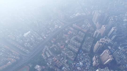 航拍广州城市天空雨雾天气