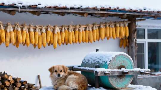 冬日农家院子晾晒玉米场景