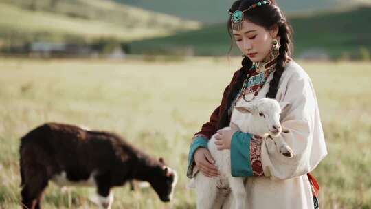 草原女子怀抱小羊的场景