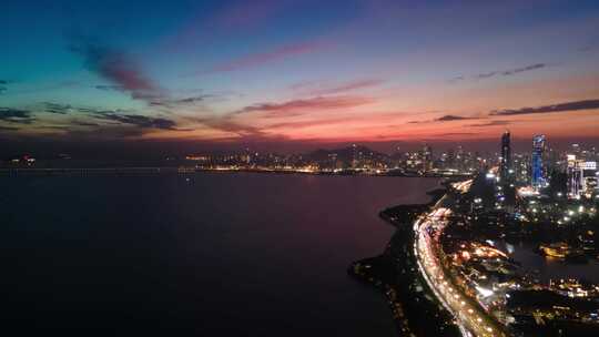 深圳福田深圳湾日落夜景航拍