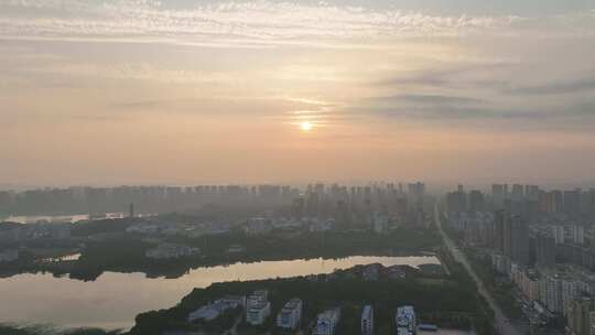 鄂州日出航拍城市日出景观城市清晨朝阳晨曦