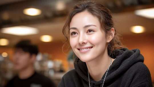 咖啡厅里自信微笑的年轻女性