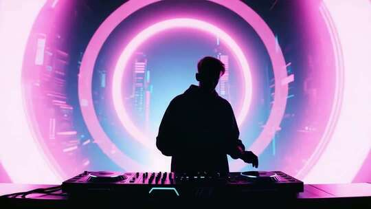 DJ在炫彩背景下打碟