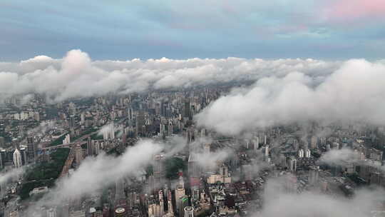 上海浦西清晨云雾航拍城市风光