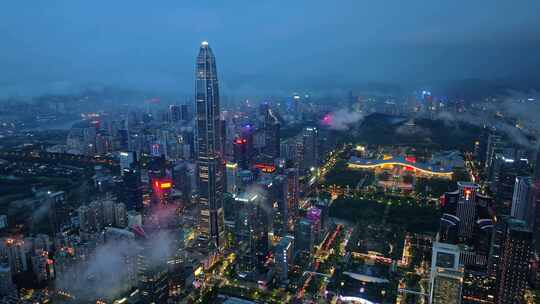 深圳福田CBD大湾区平安大厦夜景蓝调航拍