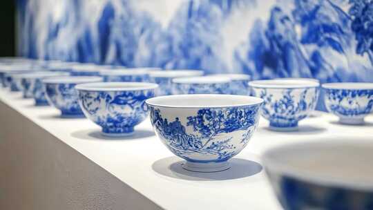 青花瓷碗特写陈列