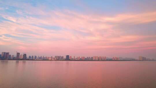 杭州钱塘江日落晚霞天空风景航拍