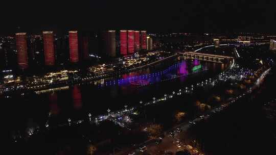 航拍内蒙古呼和浩特东河音乐喷泉夜景