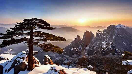 冬季黄山雪景日出云海雾凇