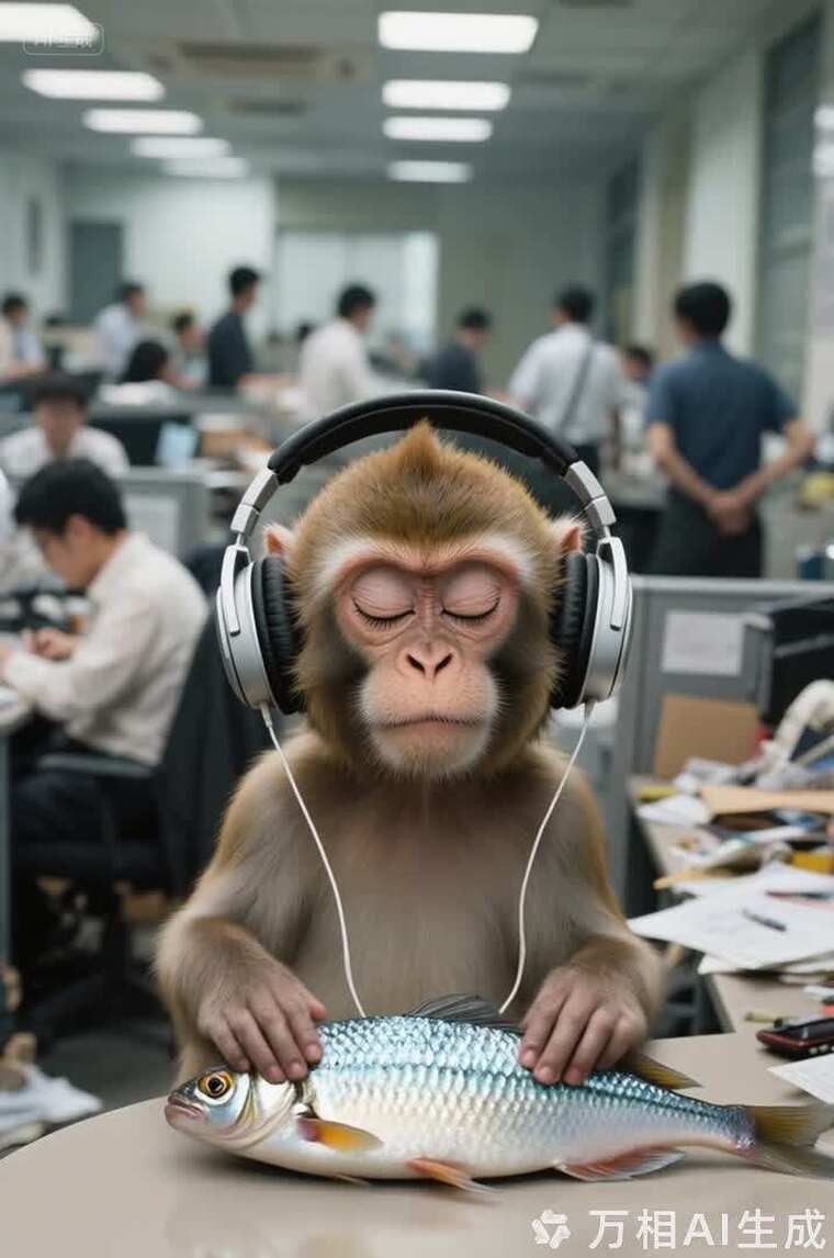 办公室中戴耳机的猴子与鱼