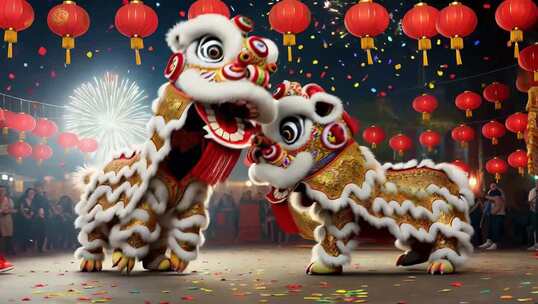 舞狮表演夜景喜庆素材