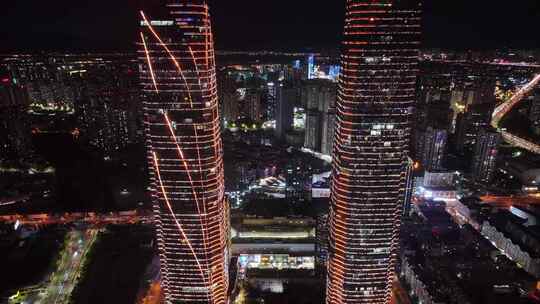 云南万达昆明双塔夜景西山区航拍延时城市地