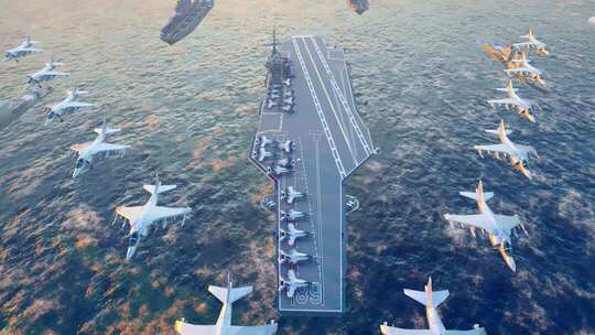 在大海上演习的航空母舰和歼二十战斗群