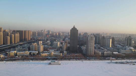 哈尔滨日落雪景航拍