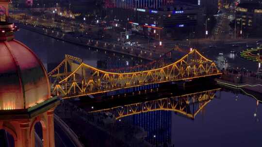 航拍夜景天津解放桥