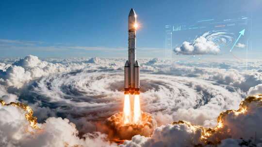 震撼航天火箭突破风暴励志场景视频