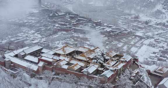 山西忻州五台山佛教圣地雪景航拍