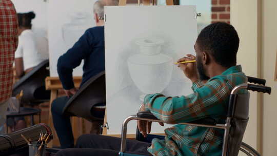 坐在轮椅上的艺术课学生用铅笔在画布上画花瓶