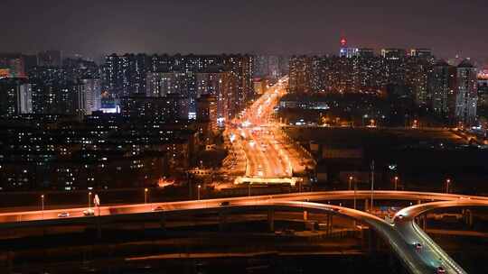 北京城市街道交通高视角夜景