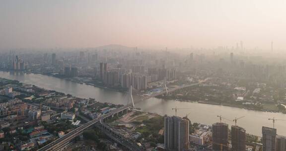 广州鹤洞大桥和城市天际线日出延时航拍4k