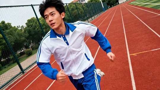 校园跑道上男生跑步画面