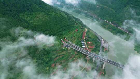 桥梁交通自然森林天空群山云海延时航拍