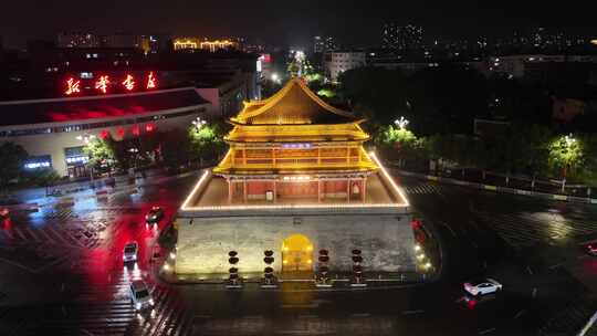 甘肃张掖钟鼓楼夜景航拍