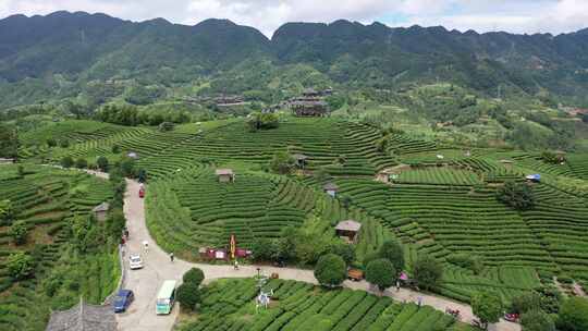 航拍广西布央村茶山绵延村寨田园