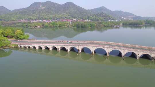 杭州湘湖景区政和桥建筑风景航拍