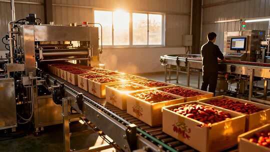 工厂内工人操作水果生产流水线