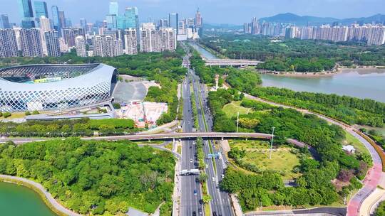 后海南山区深圳湾体育中心航拍春笋大厦中国