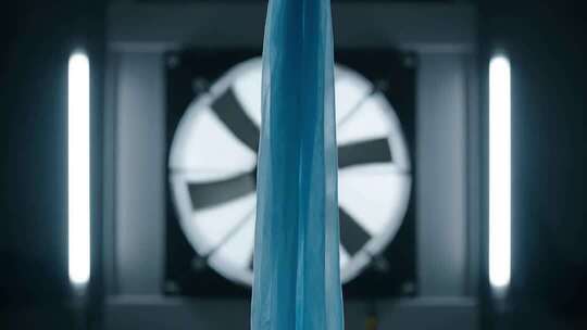 蓝色布料在风扇前飘动