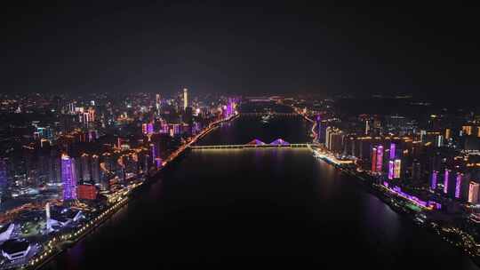 长沙夜景风光航拍湘江两岸滨江建筑灯光风景