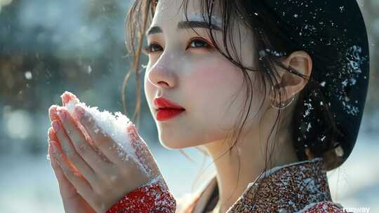 美女冬天下雪捧着雪花中国风唯美